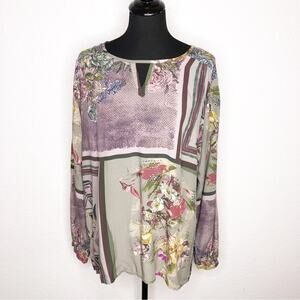 Tolani Collection purple gray floral stripe long sleeve top size Large